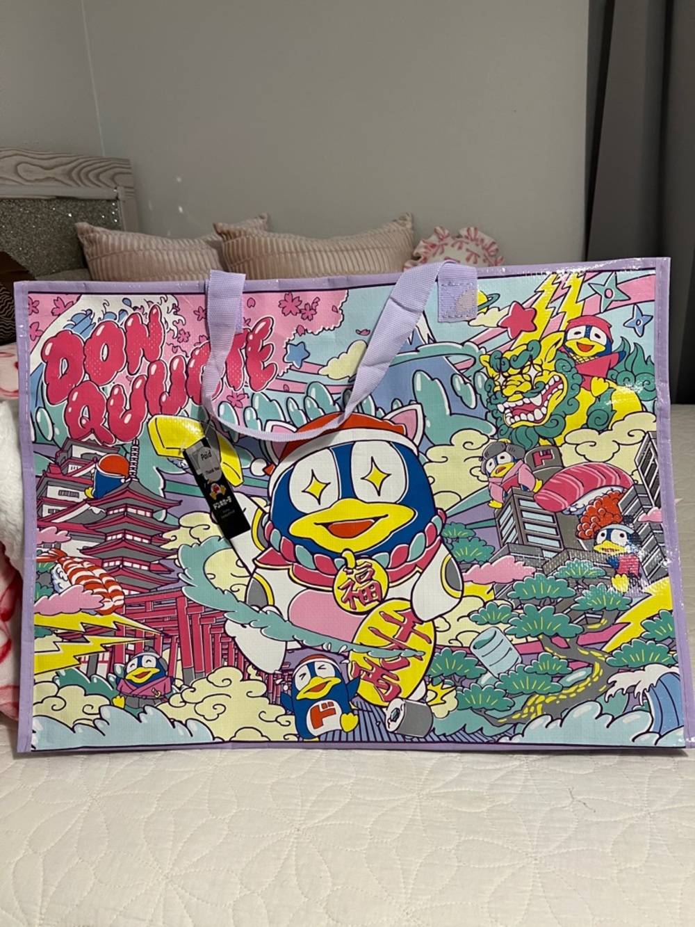 Don Quijote Tote Bag - Lavender Trim, Multi-Color Print/Japan
